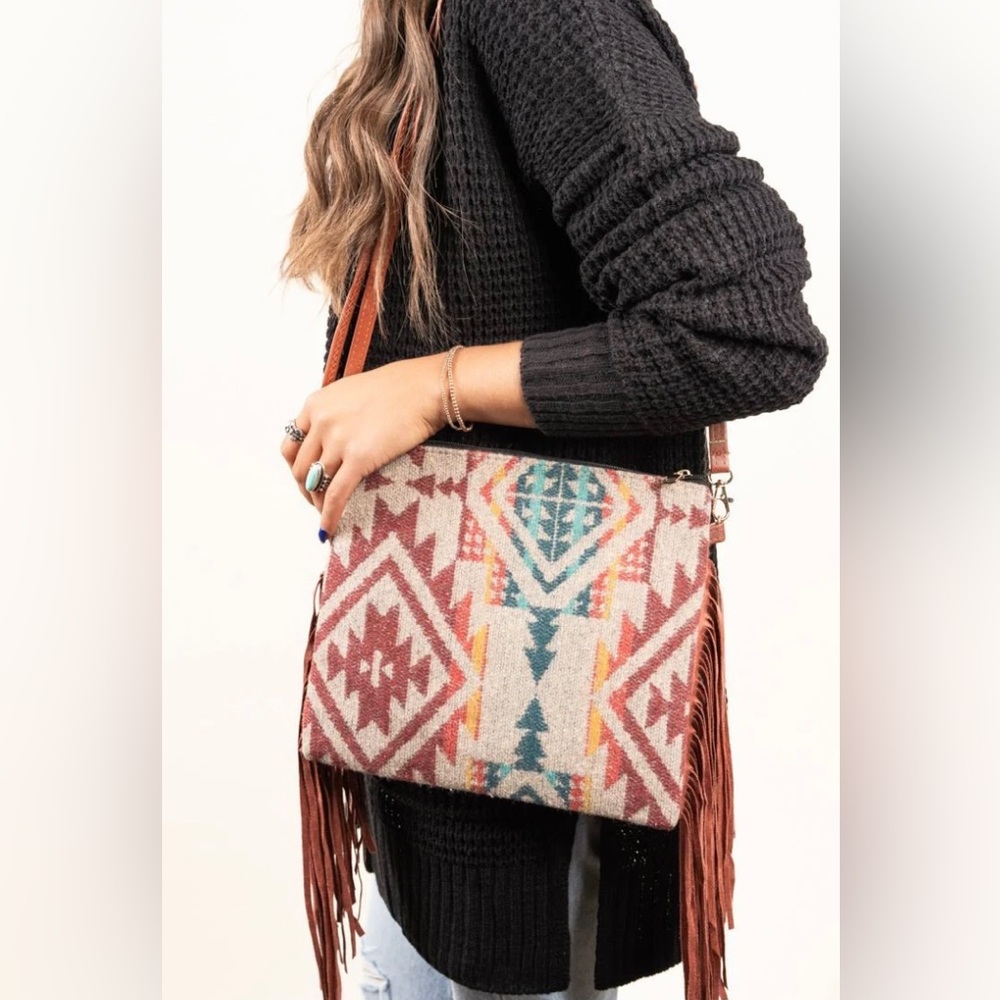 New Mira Monte Fringe Crossbody Clutch, Burgundy.
